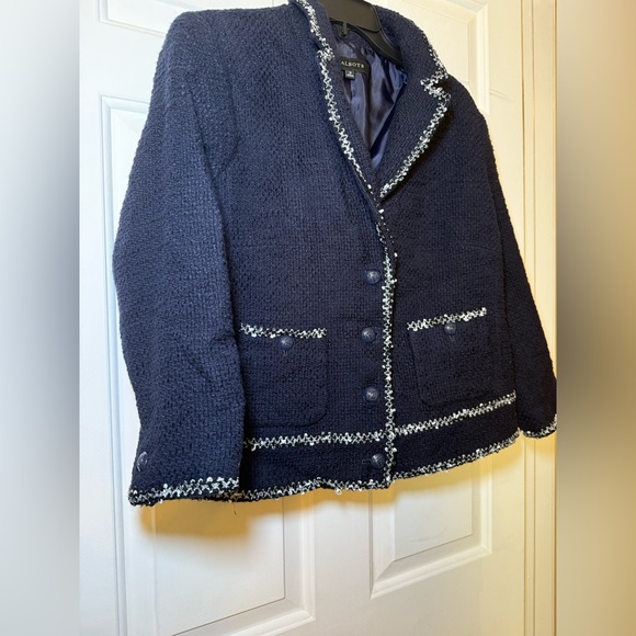Talbots Woman’s Navy Blue Tweed Blazer Jacket With Braided White Trim Size 16 - Picture 5 of 9